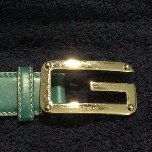 Authentic GUCCI: Green Leather & Gold G Buckle Logo Belt